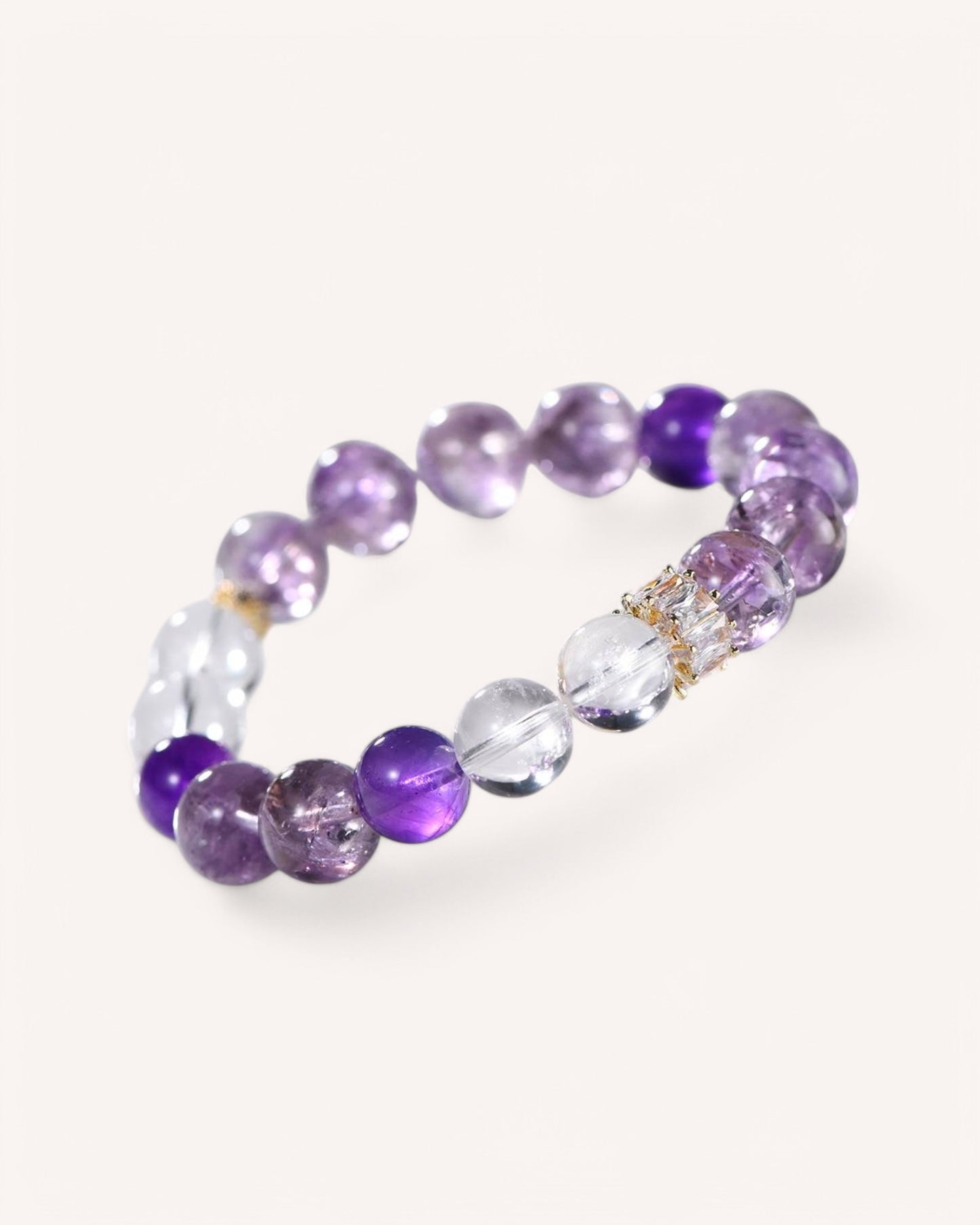A close-up shot of a natural crystal healing bracelet with Amethyst, White Quartz, and decorative accents, perfect for energy balancing, stress relief, and mindfulness.