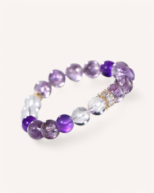 A close-up shot of a natural crystal healing bracelet with Amethyst, White Quartz, and decorative accents, perfect for energy balancing, stress relief, and mindfulness.