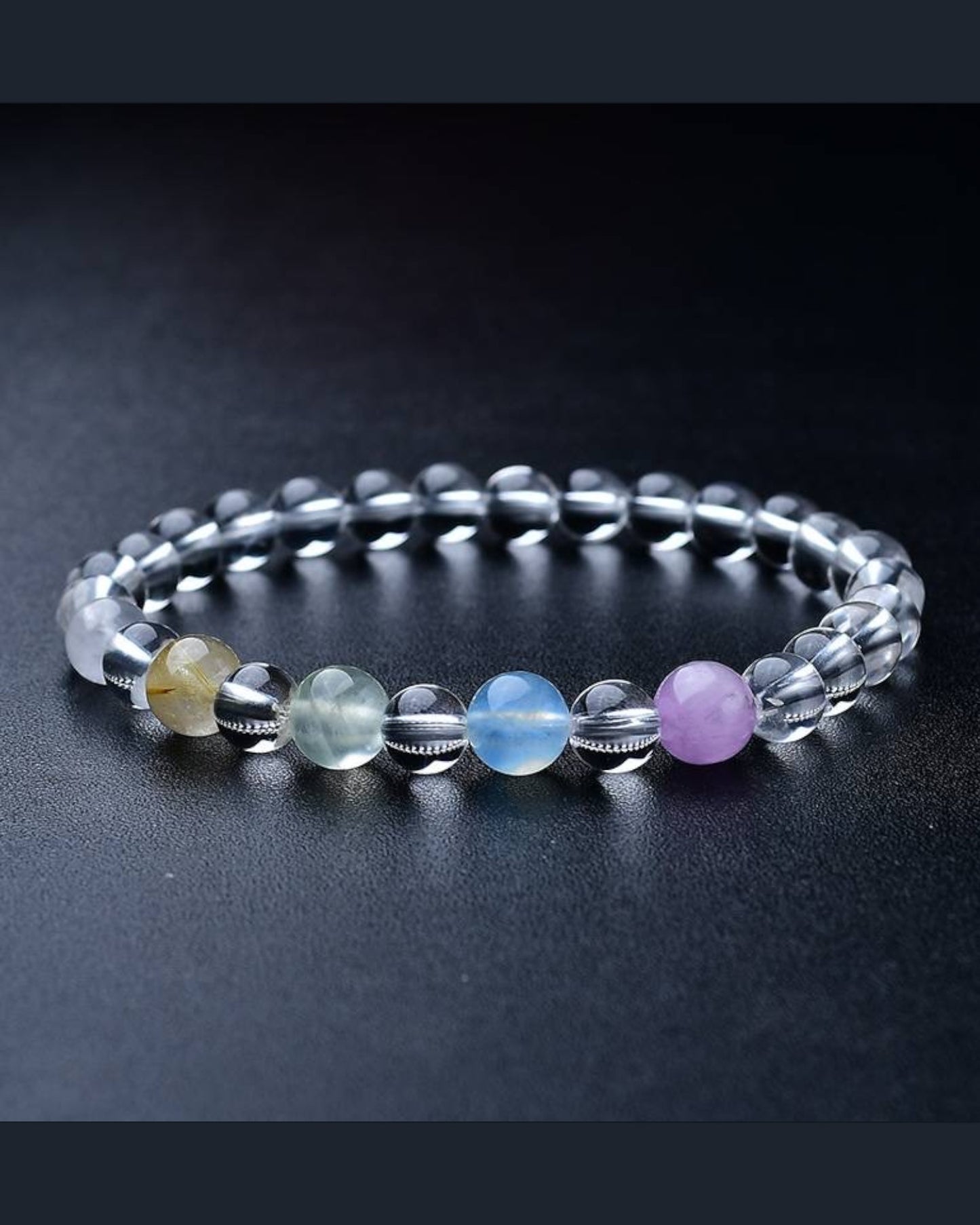 Close-up of a Spiritual Energy White Quartz Bracelet with multicolored chakra beads, enhancing intuition, emotional healing, and energy alignment.