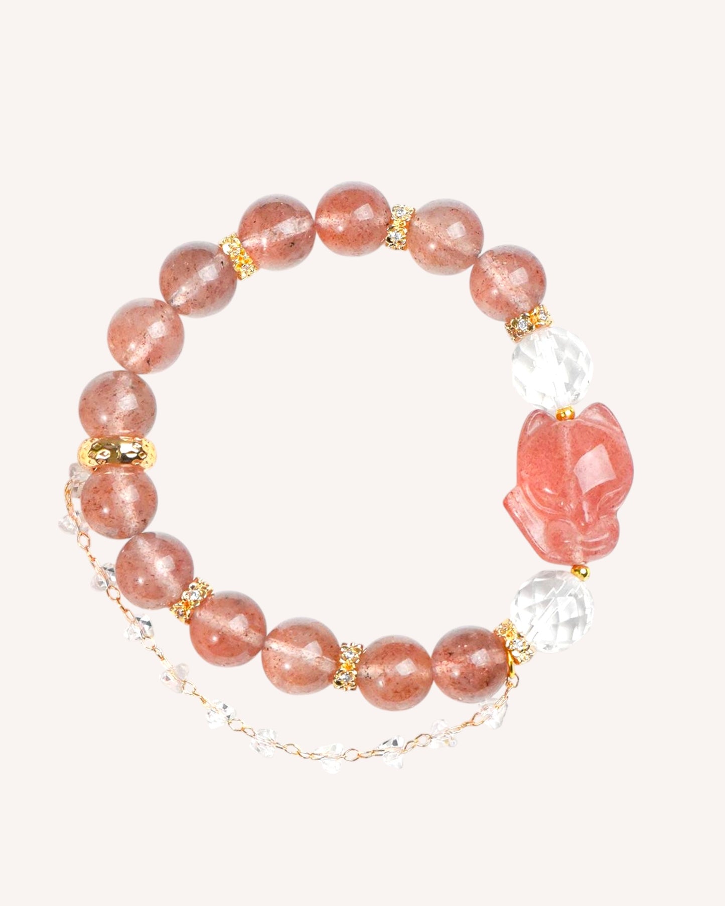 Strawberry Quartz Fox Bracelet for Love, Intuition and Emotional Healing – Featuring carved fox charm with white quartz accents on pink crystal beads.
