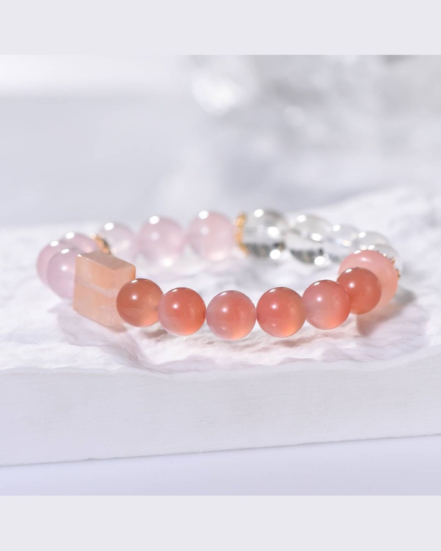 Side view of a Pink Phantom, Citrine, and Morganite healing bracelet symbolizing abundance, confidence, and emotional renewal.