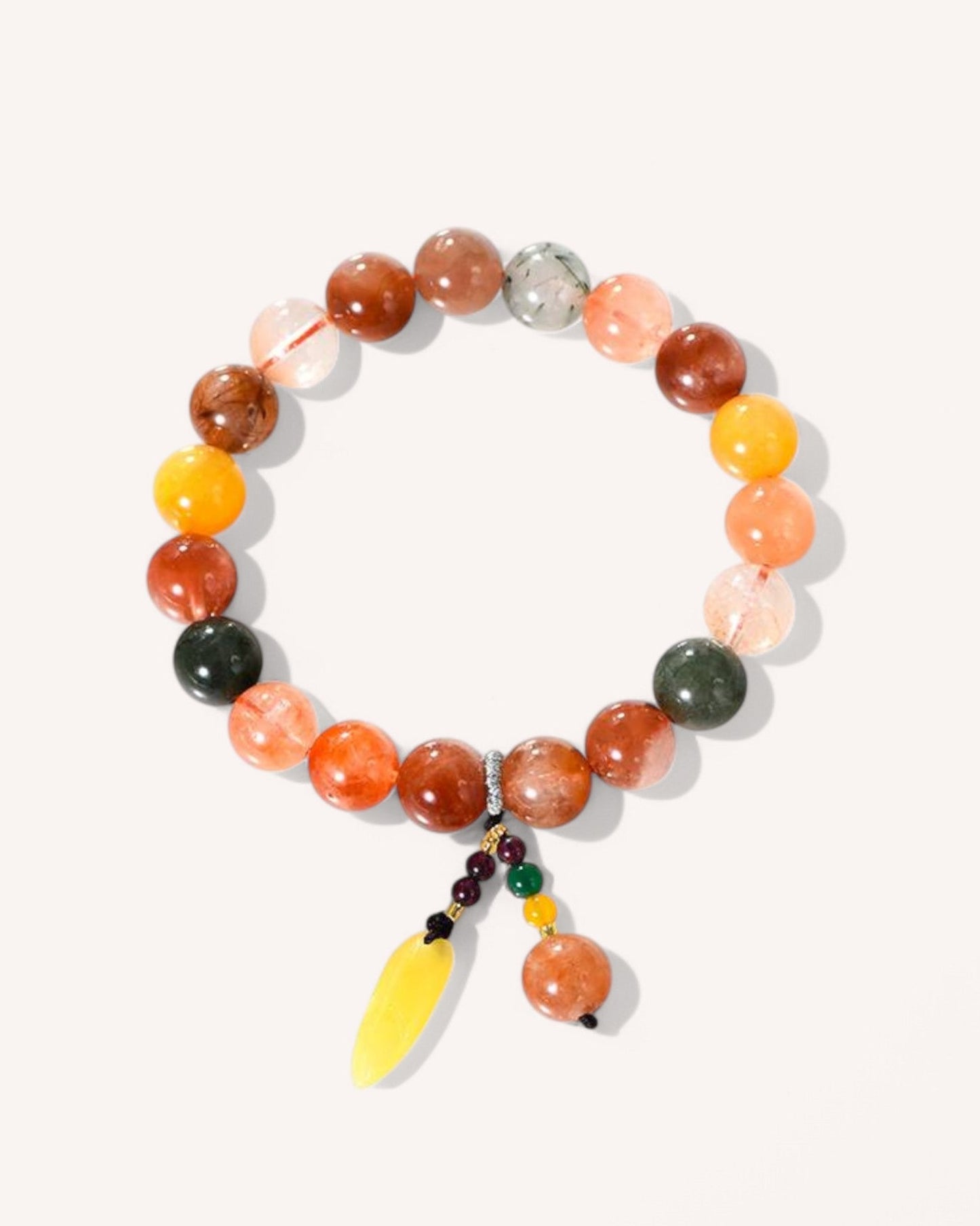 Front view of Amber and Fortune Longevity Quartz healing bracelet for prosperity and emotional balance