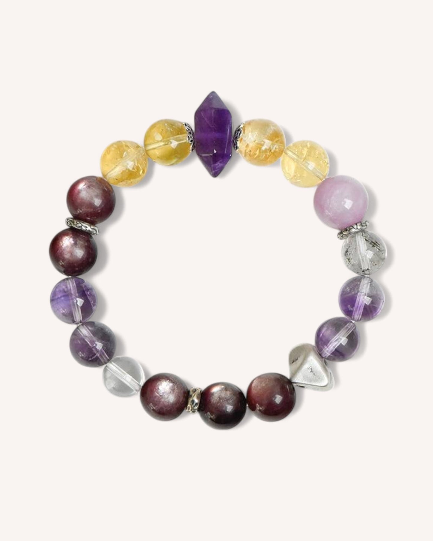 Front view of Amethyst Golden Azeztulite and Obsidian bracelet for spiritual protection and clarity