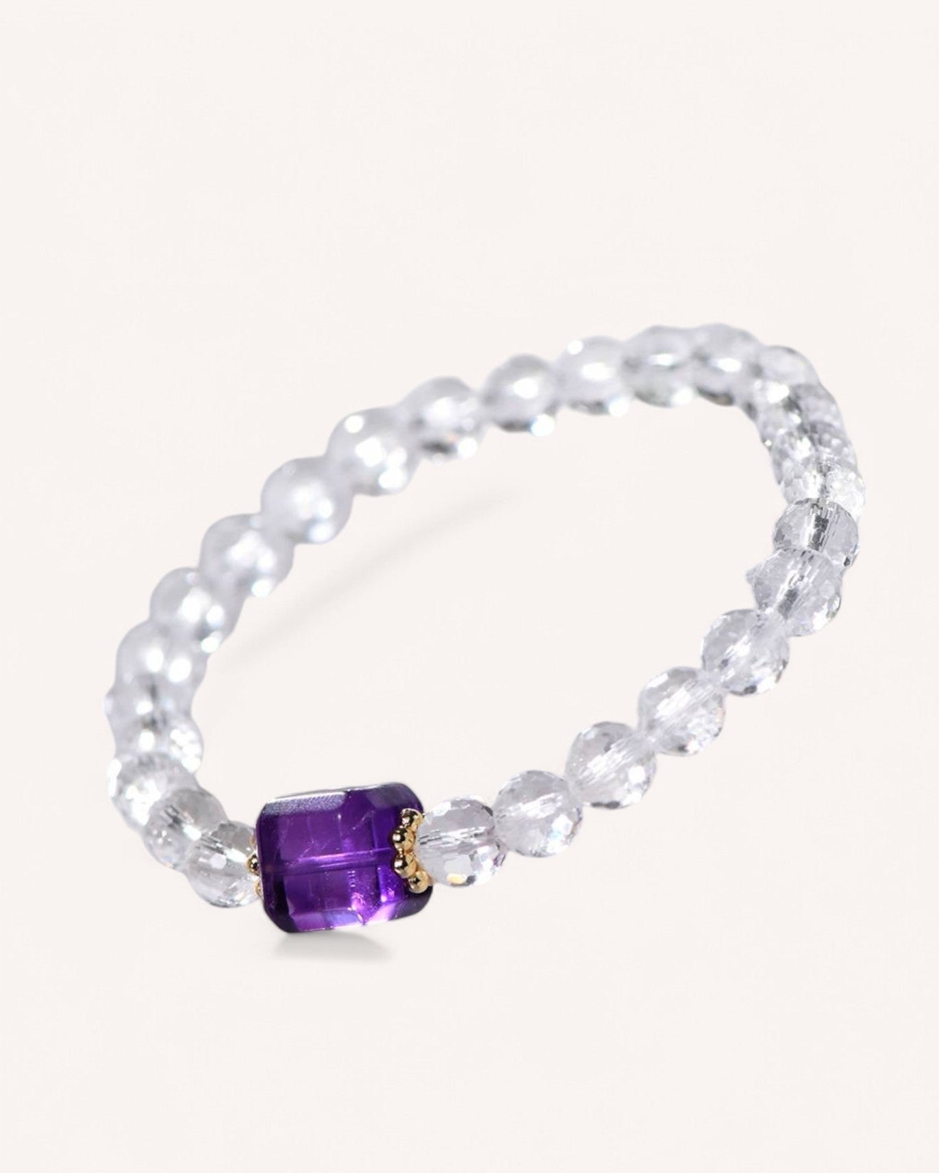 Elegant Amethyst & White Quartz Bracelet with a unique sugar cube-cut amethyst for mental clarity, stress relief, and intuitive strength. Designed for meditation, mindfulness, and spiritual growth