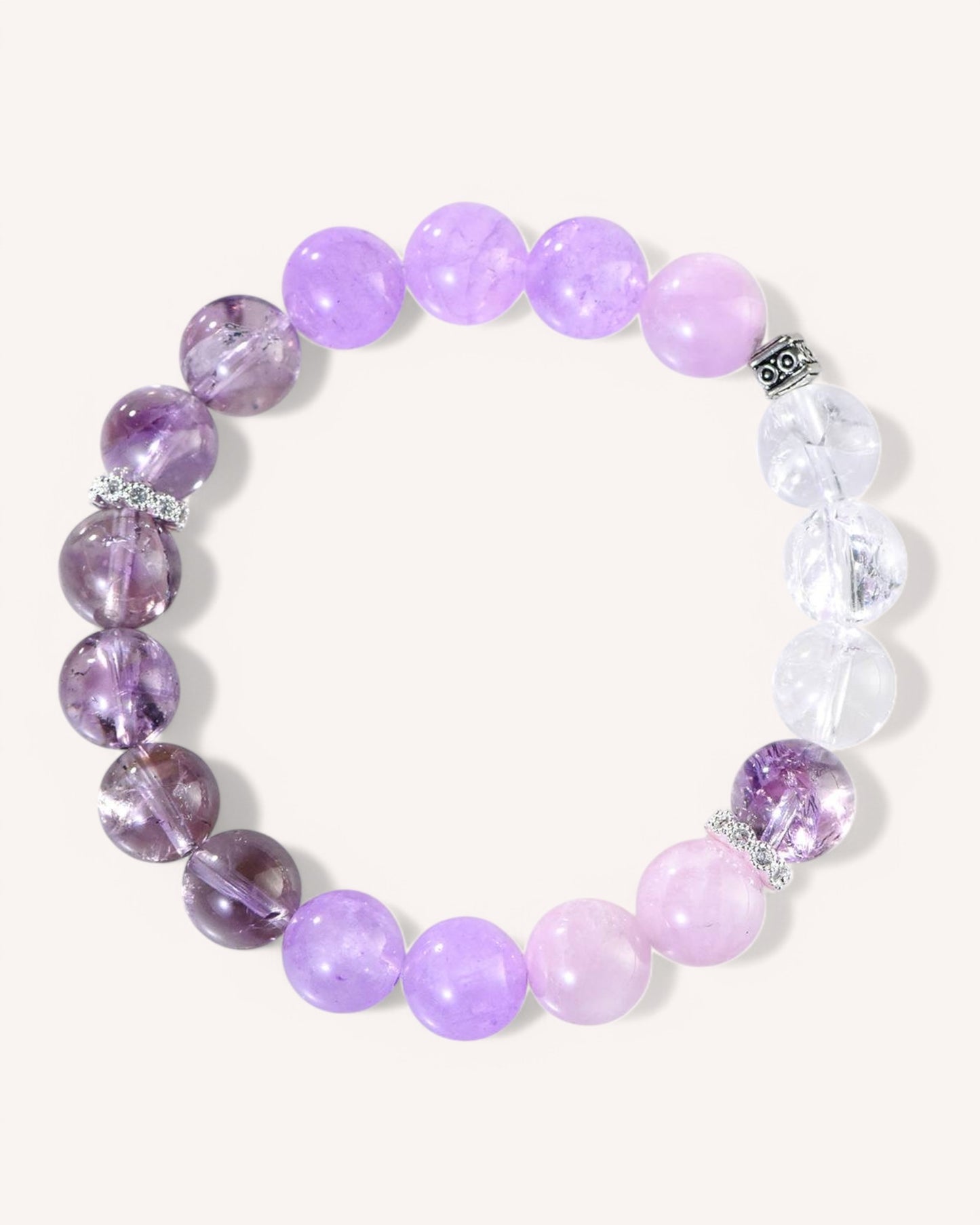 Close-up of Amethyst, Kunzite & White Quartz Balance Bracelet, designed for emotional healing, intuition, and spiritual clarity.