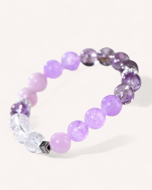 Angled view of the Amethyst, Kunzite & White Quartz Balance Bracelet, highlighting its natural gemstone beads for love, balance, and positivity.