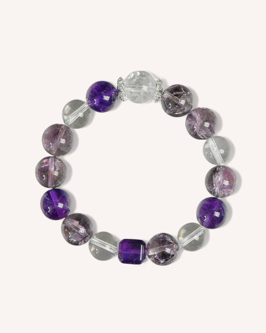Close-up of Amethyst & White Quartz Bracelet featuring cube-shaped amethyst beads and clear quartz, designed for spiritual balance, mental clarity, and energy protection.