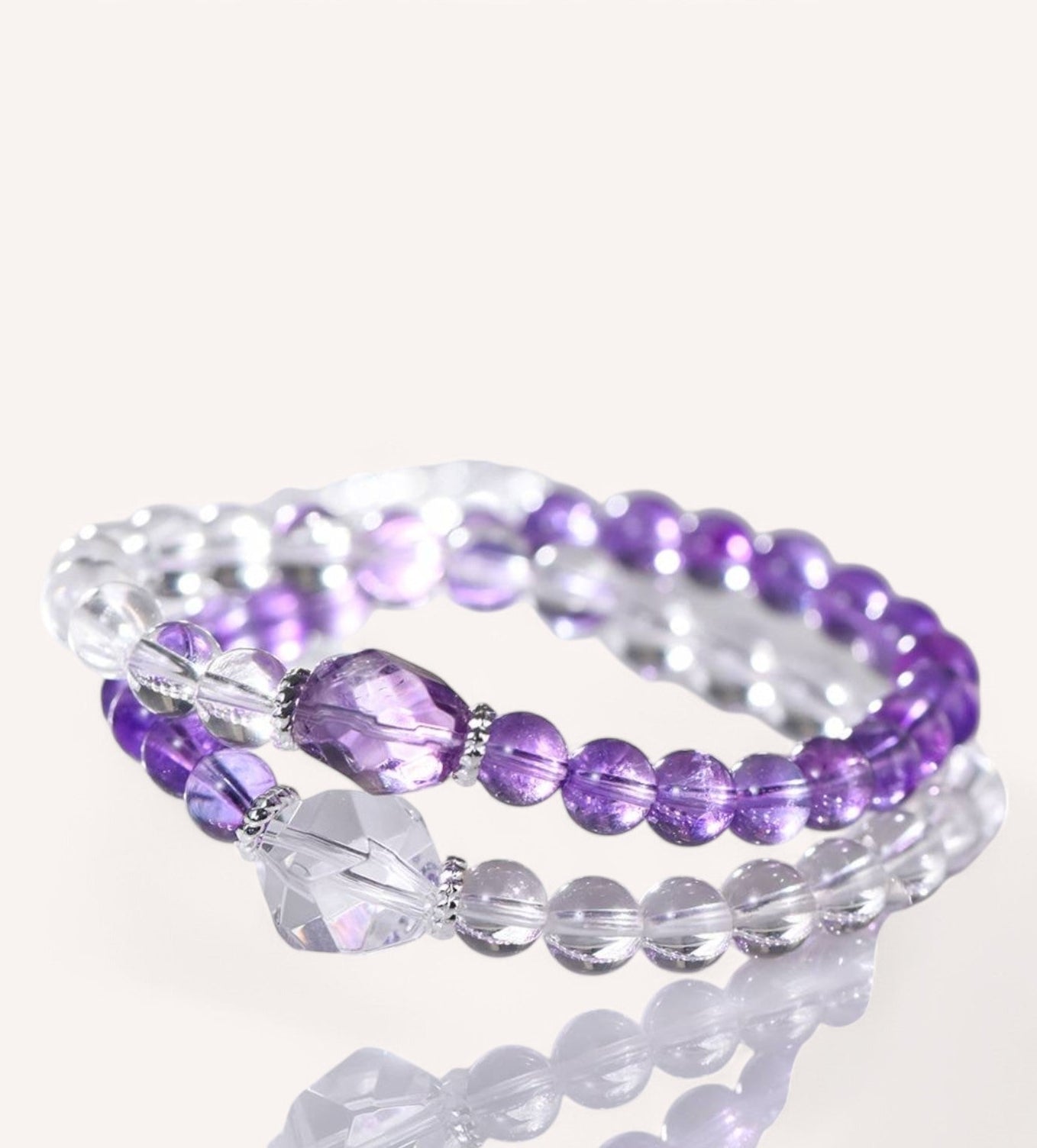 Close-up of the Amethyst & White Quartz wrap bracelet, enhancing intuition, focus, and energy purification. A perfect piece for spiritual healing and harmony.