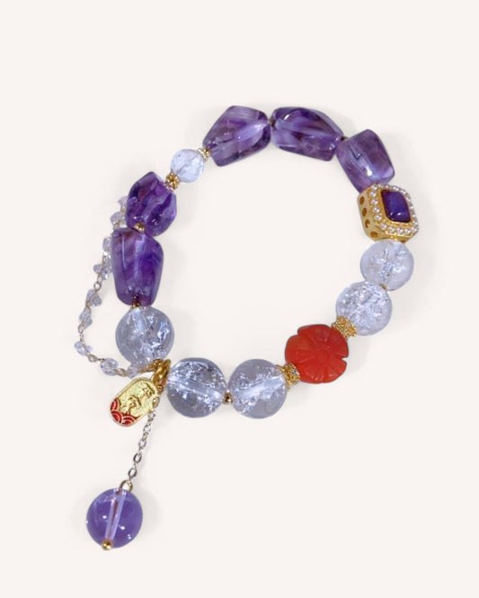 Amethyst & White Quartz Energy Shift Bracelet featuring faceted amethyst and clear quartz beads, accented with gold details, designed for clarity, transformation, and energy protection.