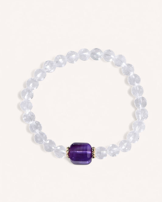 Close-up of an Amethyst & White Quartz Sugar Cube Bracelet, featuring a bold amethyst cube centerpiece surrounded by white quartz beads. This bracelet enhances spiritual clarity, protection, and emotional balance.