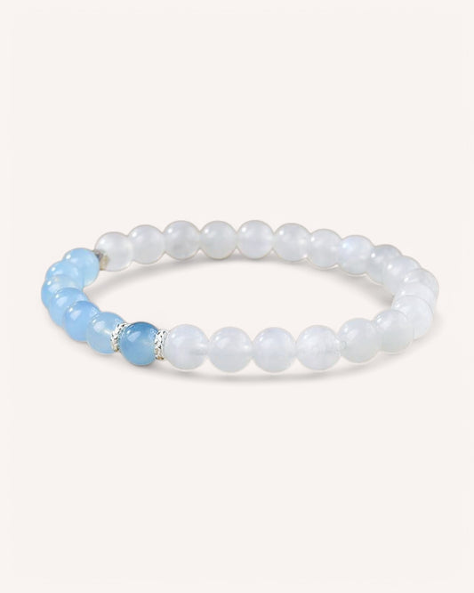 Side view of Blue Moonstone and Aquamarine crystal bracelet for inner peace and stress relief.