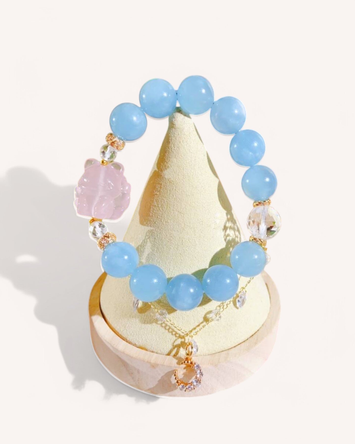 Triple protection aquamarine bracelet with rose quartz fox spirit charm for emotional healing and intuition