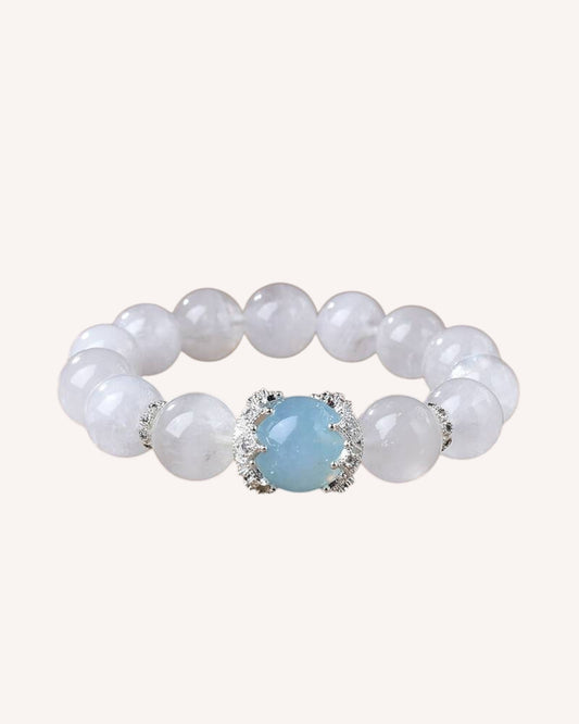 Close-up of aquamarine and white quartz bracelet showing gemstone clarity and soothing energy for inner peace.