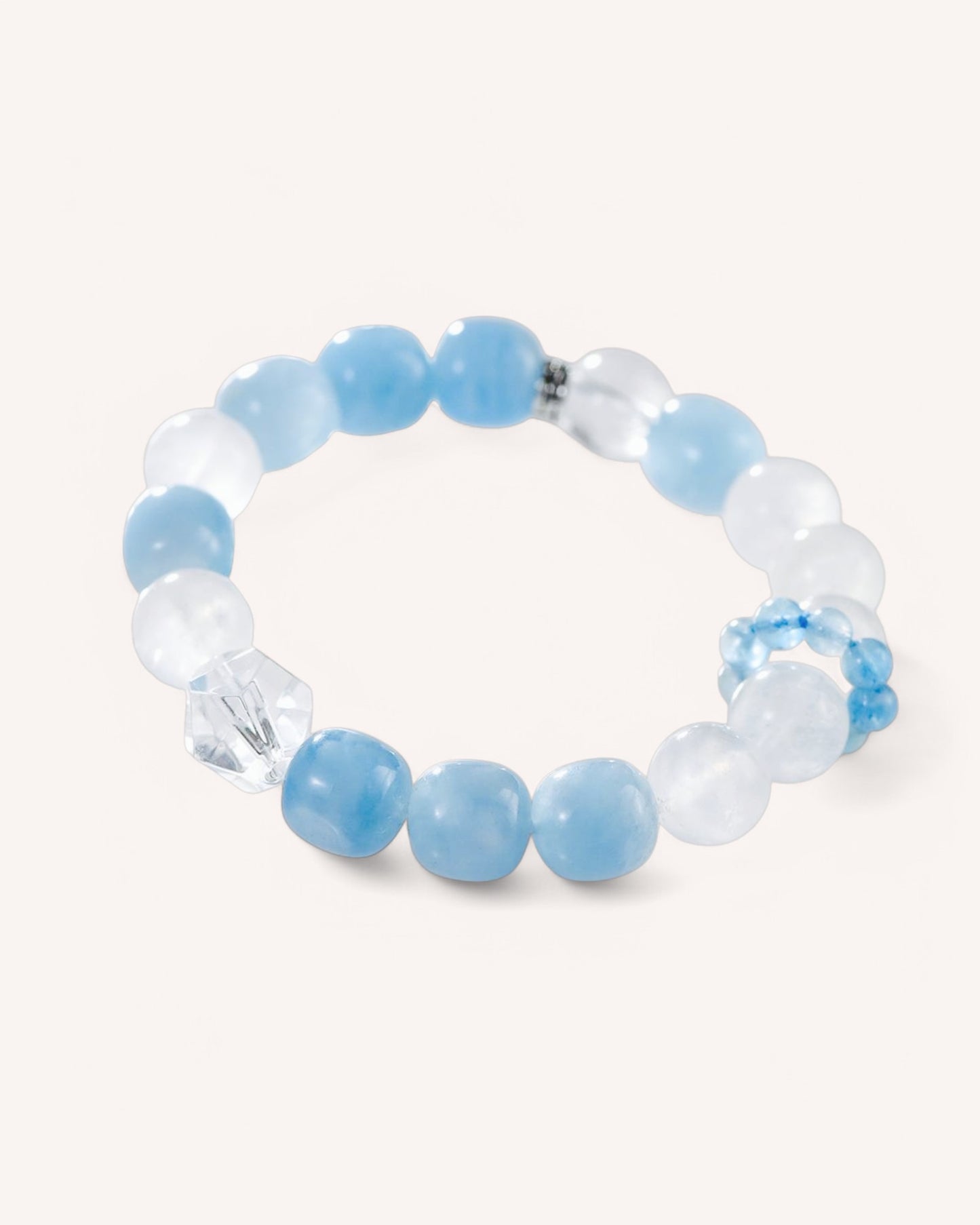 Side view of the Aquamarine and Moonstone bracelet designed to promote clarity, intuition, and emotional stability