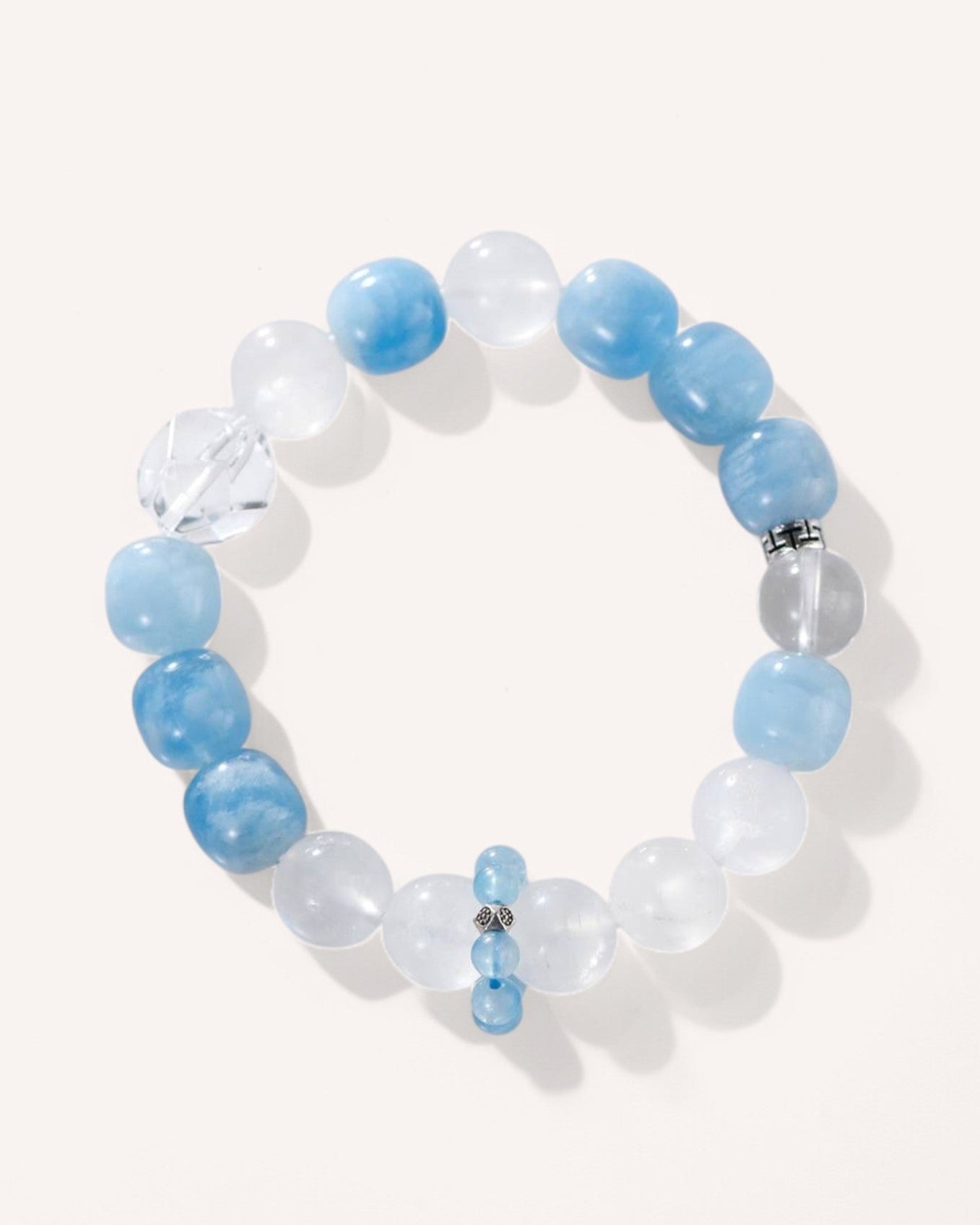 Triple gemstone healing bracelet featuring Aquamarine, White Quartz, and Moonstone for emotional balance and inner peace