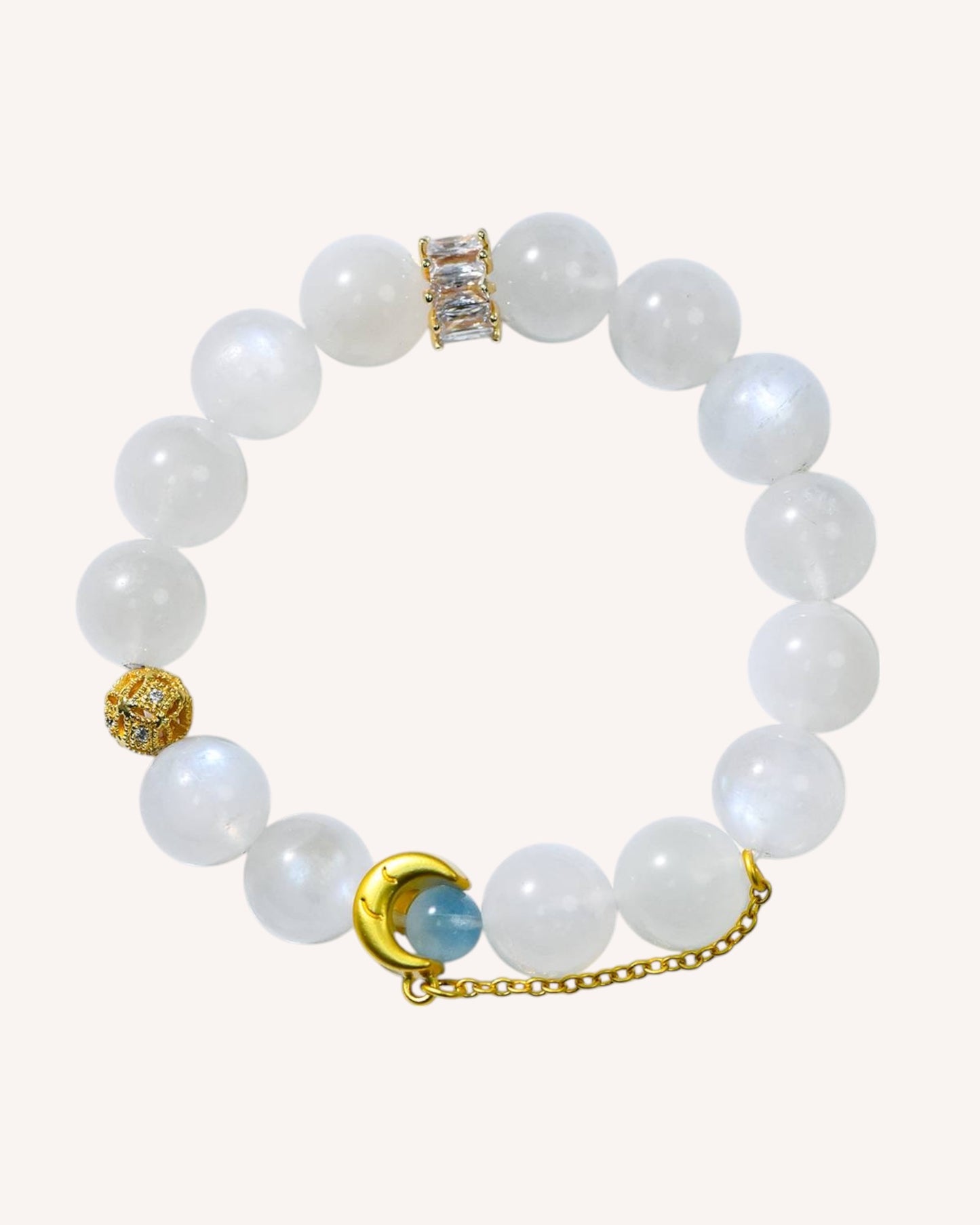 Front view of Blue Glow White Moonstone bracelet with gold accents for emotional healing and intuitive clarity