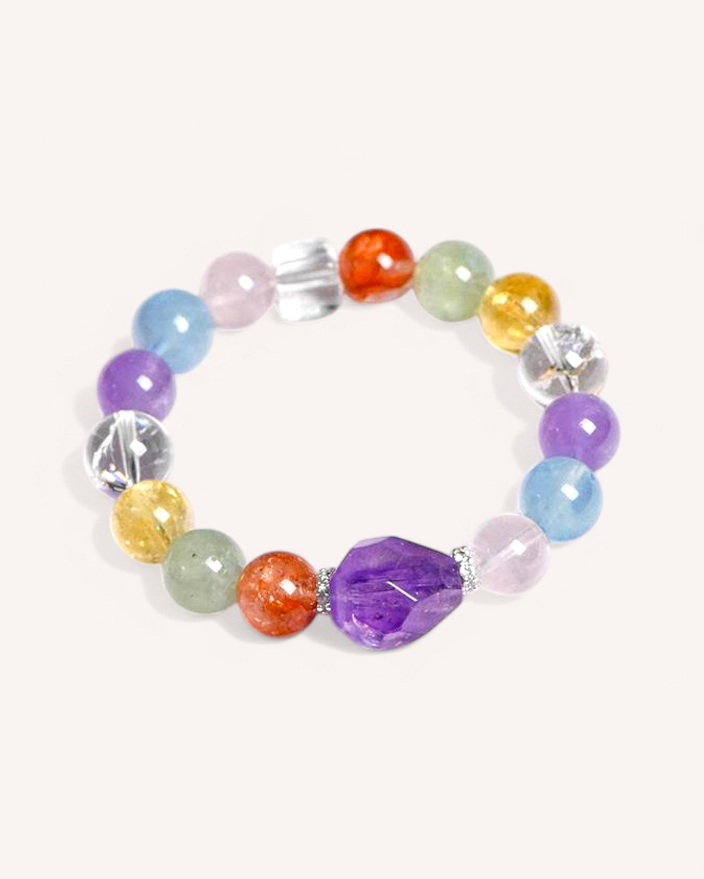 Colorful chakra gemstone bracelet with Red Hematoid Quartz, Rose Quartz, and Citrine to enhance positivity and mental focus