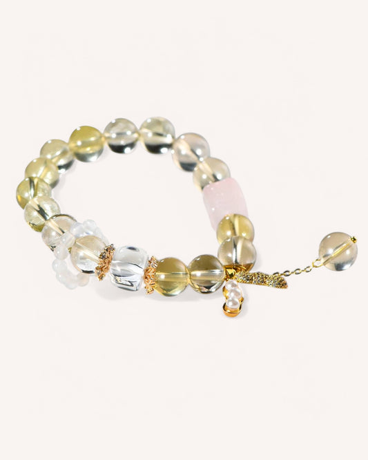 Model wearing Citrine, Rose Quartz, and Jade bracelet, radiating positivity, abundance, and heart-centered healing energy.