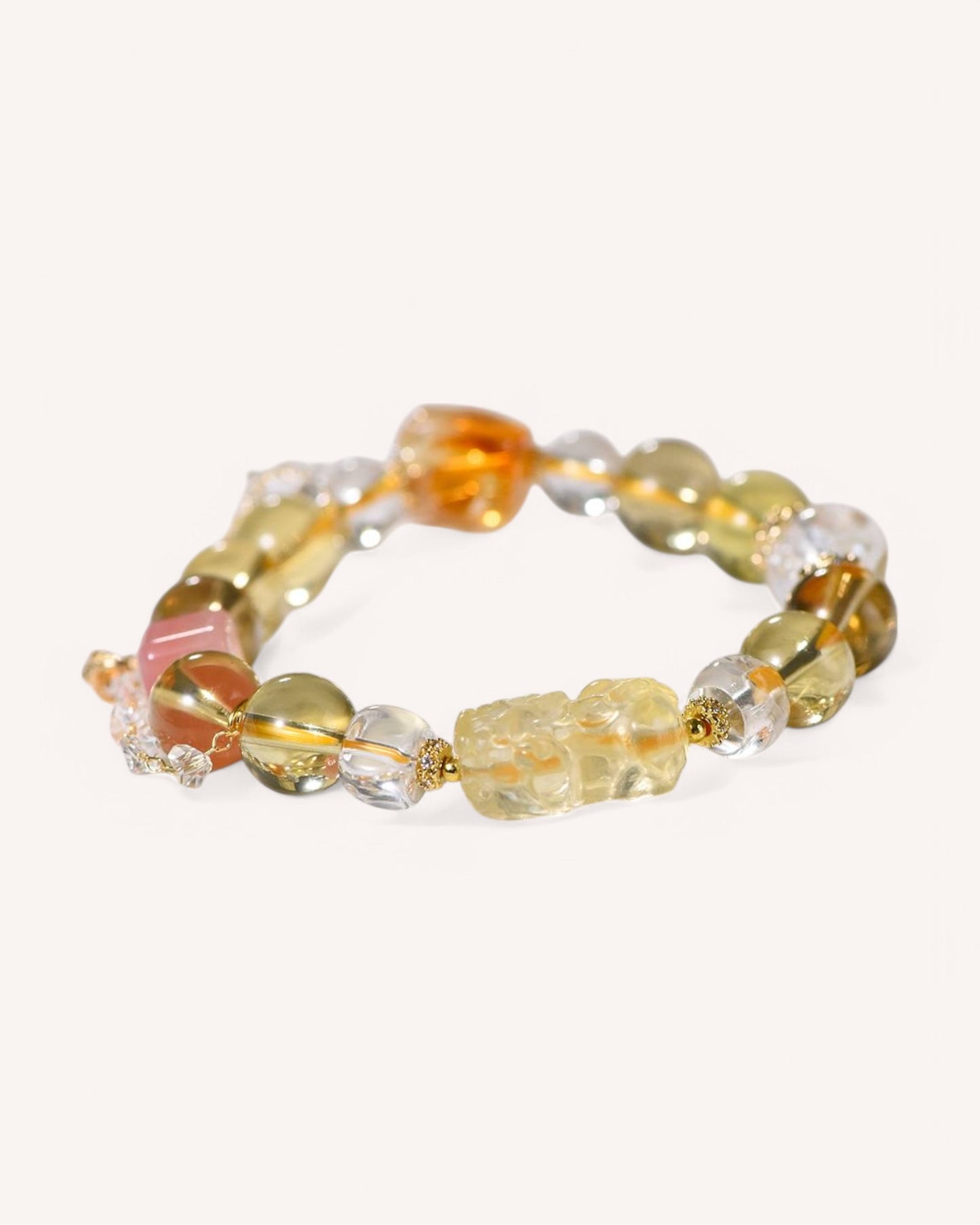 Citrine and White Quartz bracelet featuring a unique square-cut crystal centerpiece, symbolizing prosperity, confidence, and energy cleansing. Perfect for wealth attraction and emotional balance.
