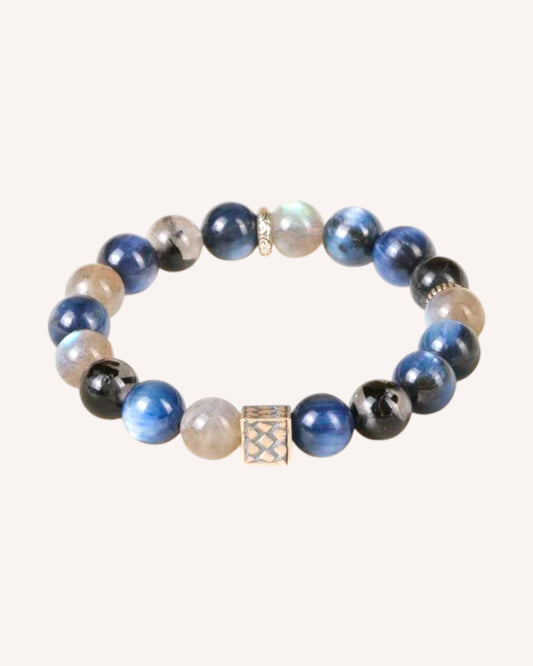Side view of Blue Rutile Quartz and Moonstone healing bracelet for intuition and emotional stability