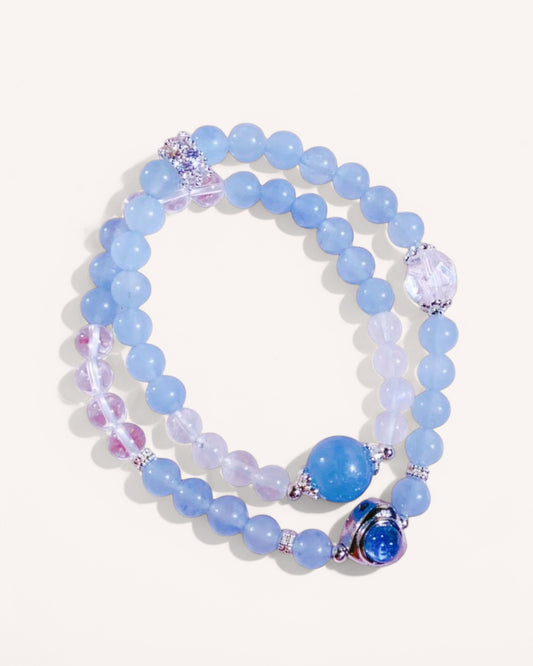 Double-layer aquamarine bracelet with white quartz and blue moonstone for emotional balance and spiritual clarity