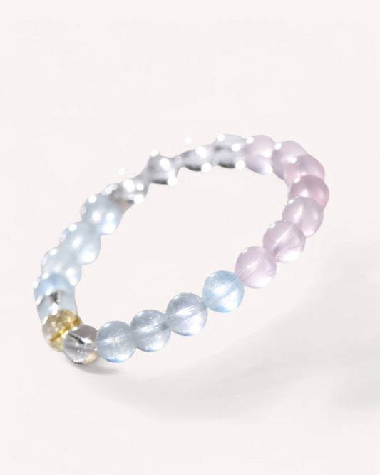 Side view of crystal bead bracelet featuring rose quartz, aquamarine, and citrine for promoting peace, confidence, and emotional clarity.