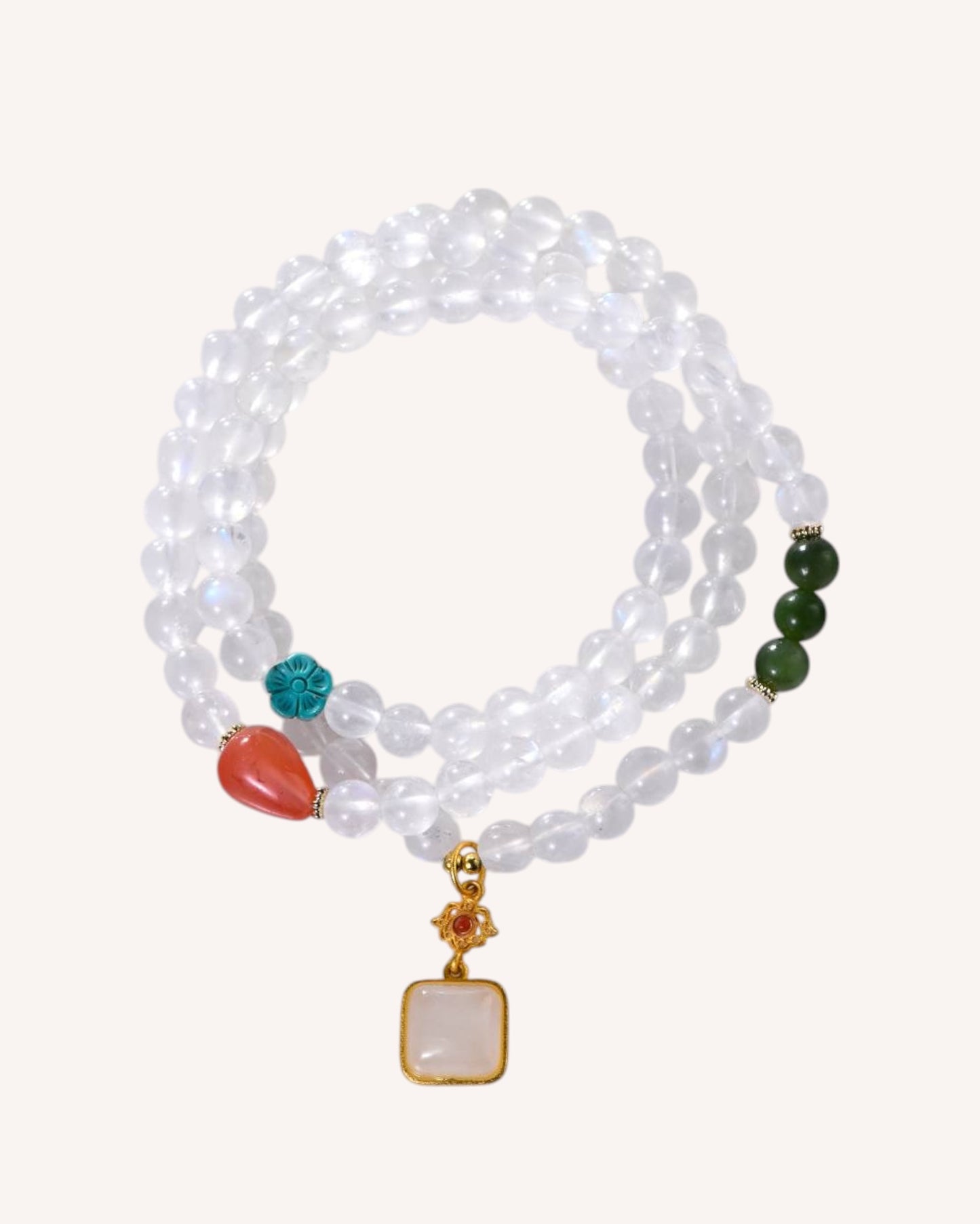 Front view of multilayer crystal bracelet with Moonstone, Jade, South Red Agate, Turquoise, and Hetian Jade for emotional balance and protection.