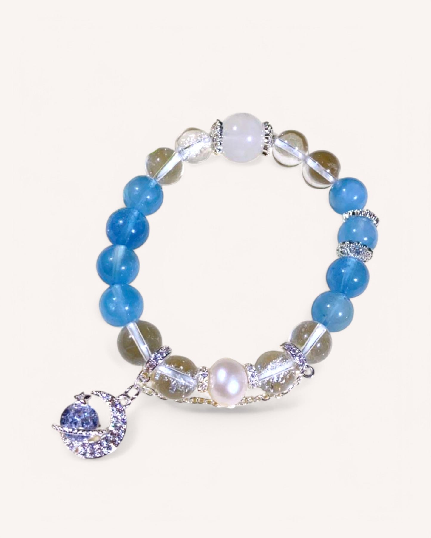 Aquamarine and Moonstone healing bracelet with white quartz and pearl for emotional balance and inner peace