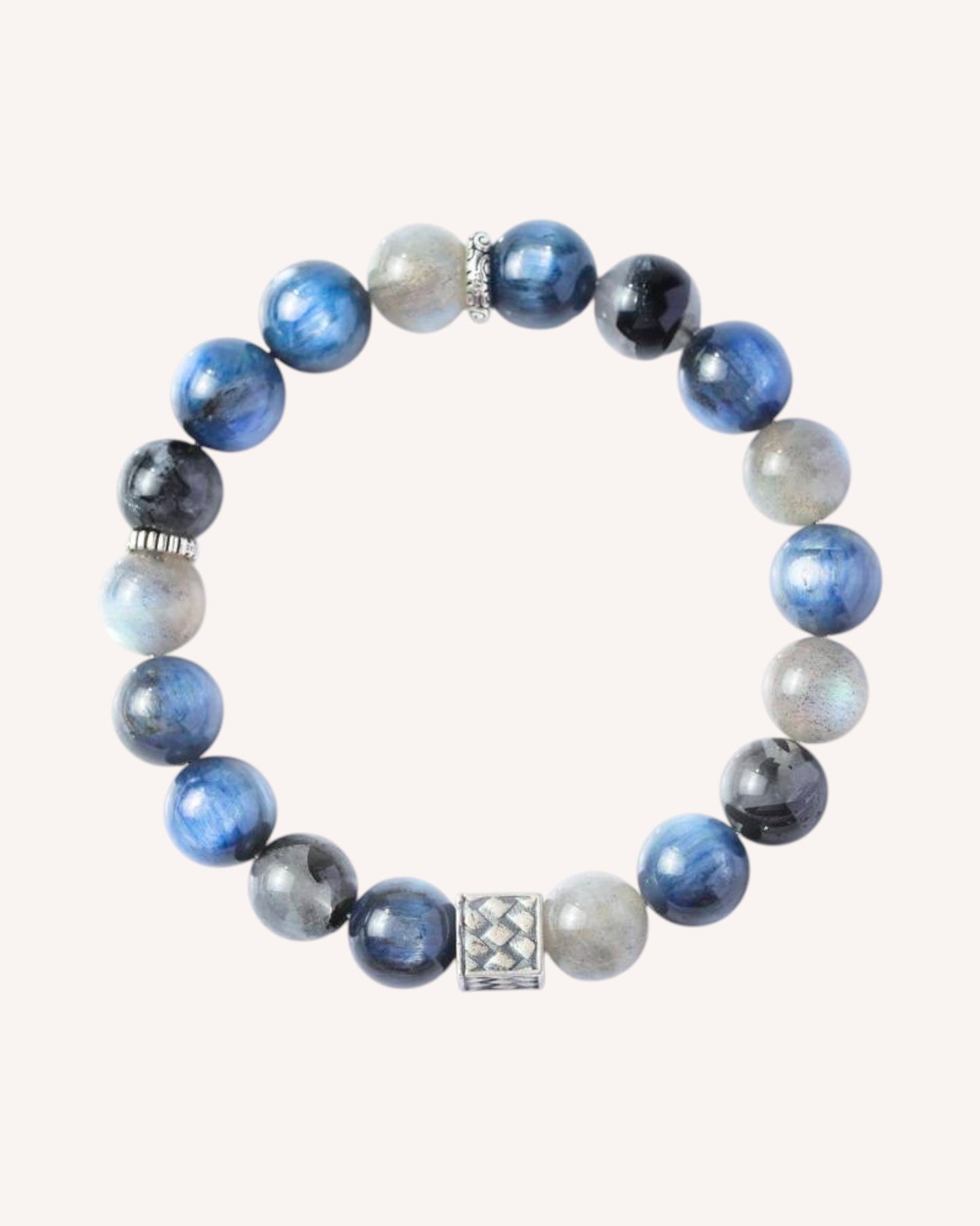 Close-up of emotional healing bracelet with Blue Rutile Quartz and Moonstone, promoting clarity and intuition