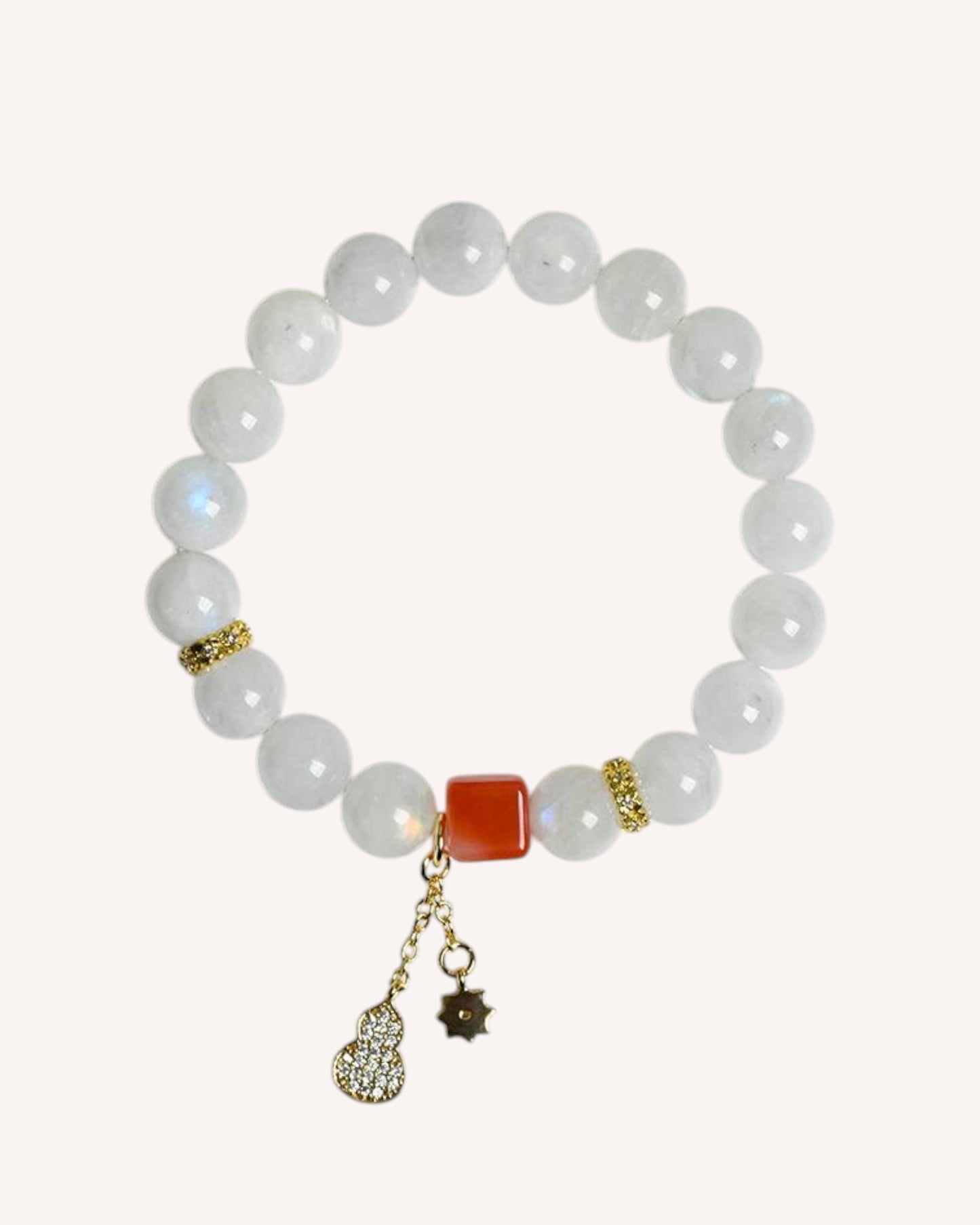 Front view of healing bracelet with Moonstone and Red Coral for emotional balance and spiritual protection