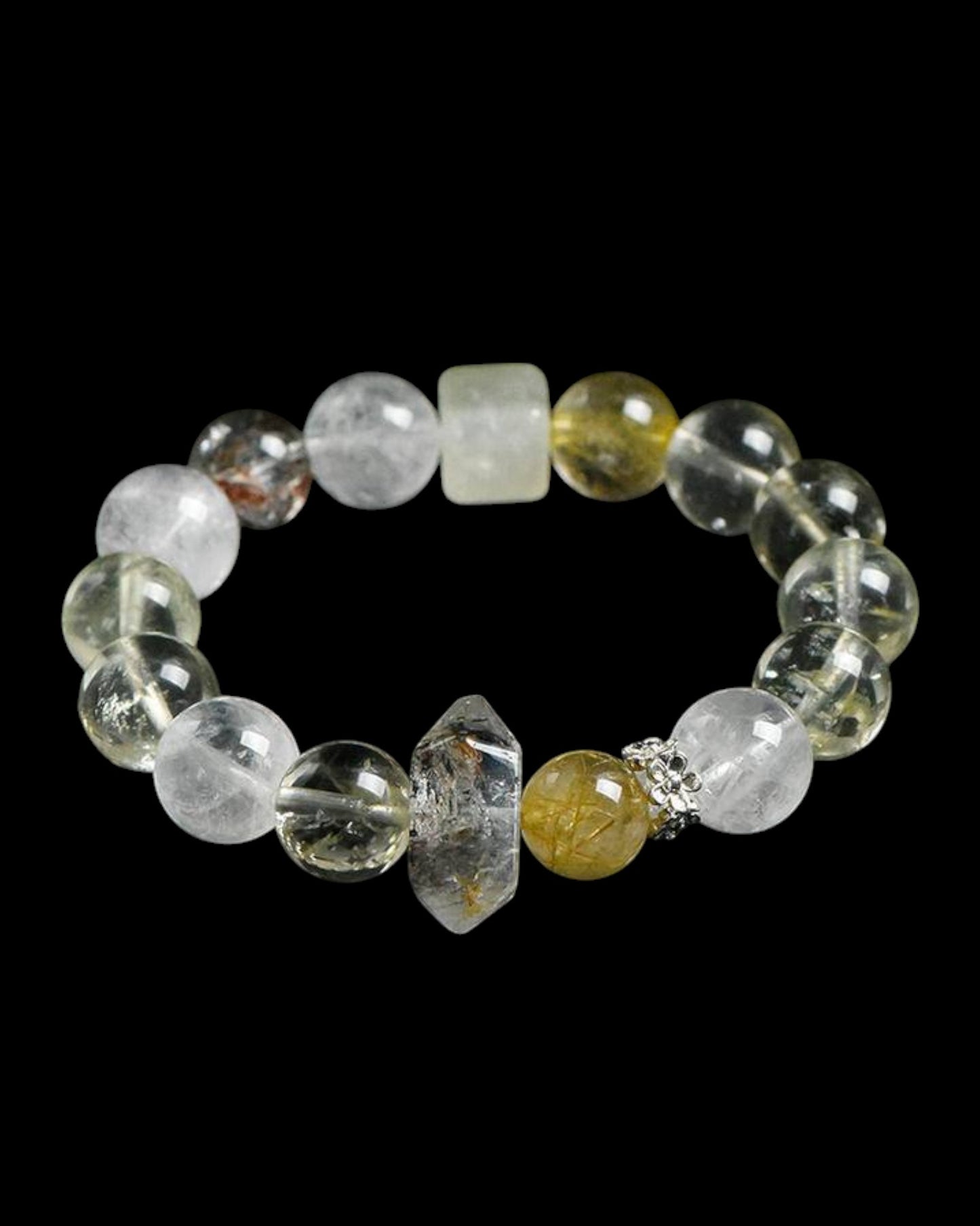 Side angle of Yellow Quartz and White Phantom energy cleansing bracelet with clear crystal detailing.