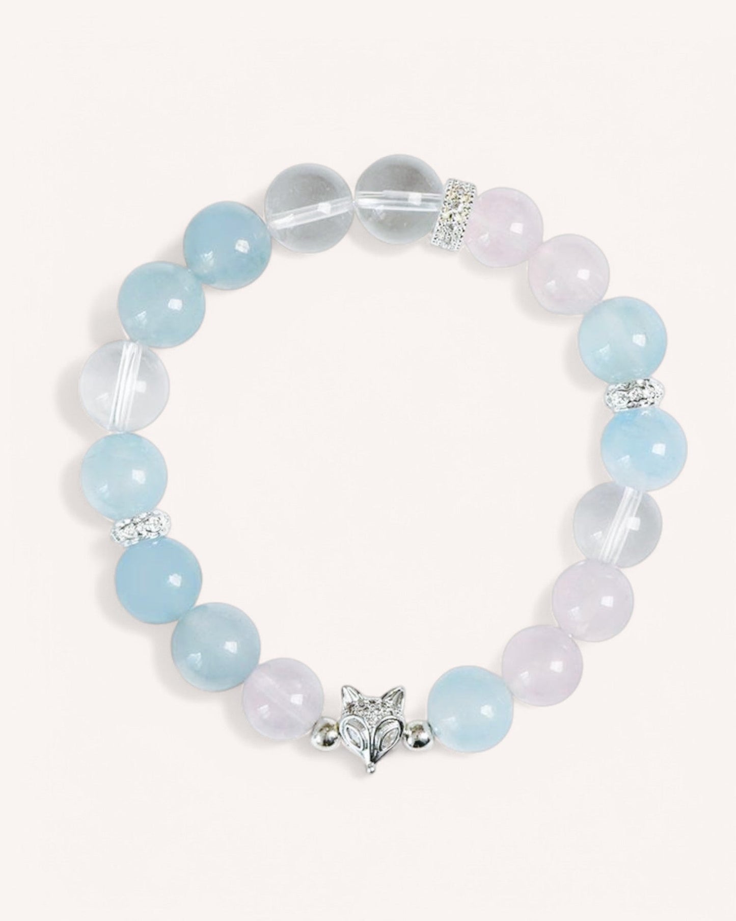Butterfly charm Five Elements Crystal Bracelet with Aquamarine, Rose Quartz, and White Quartz, symbolizing transformation, balance, and positive energy.