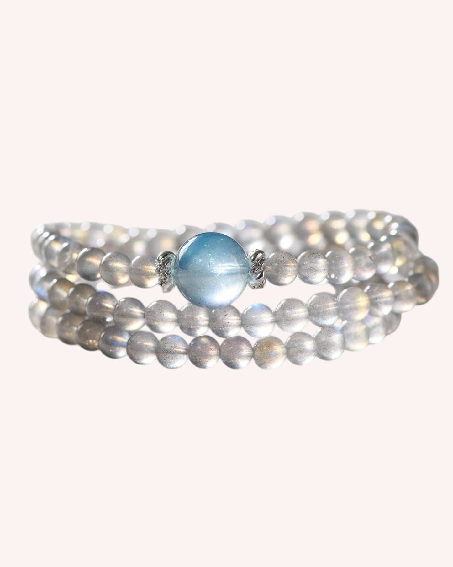Multi-layer bracelet with Gray Moonstone and Aquamarine beads for emotional clarity, intuition, and inner peace