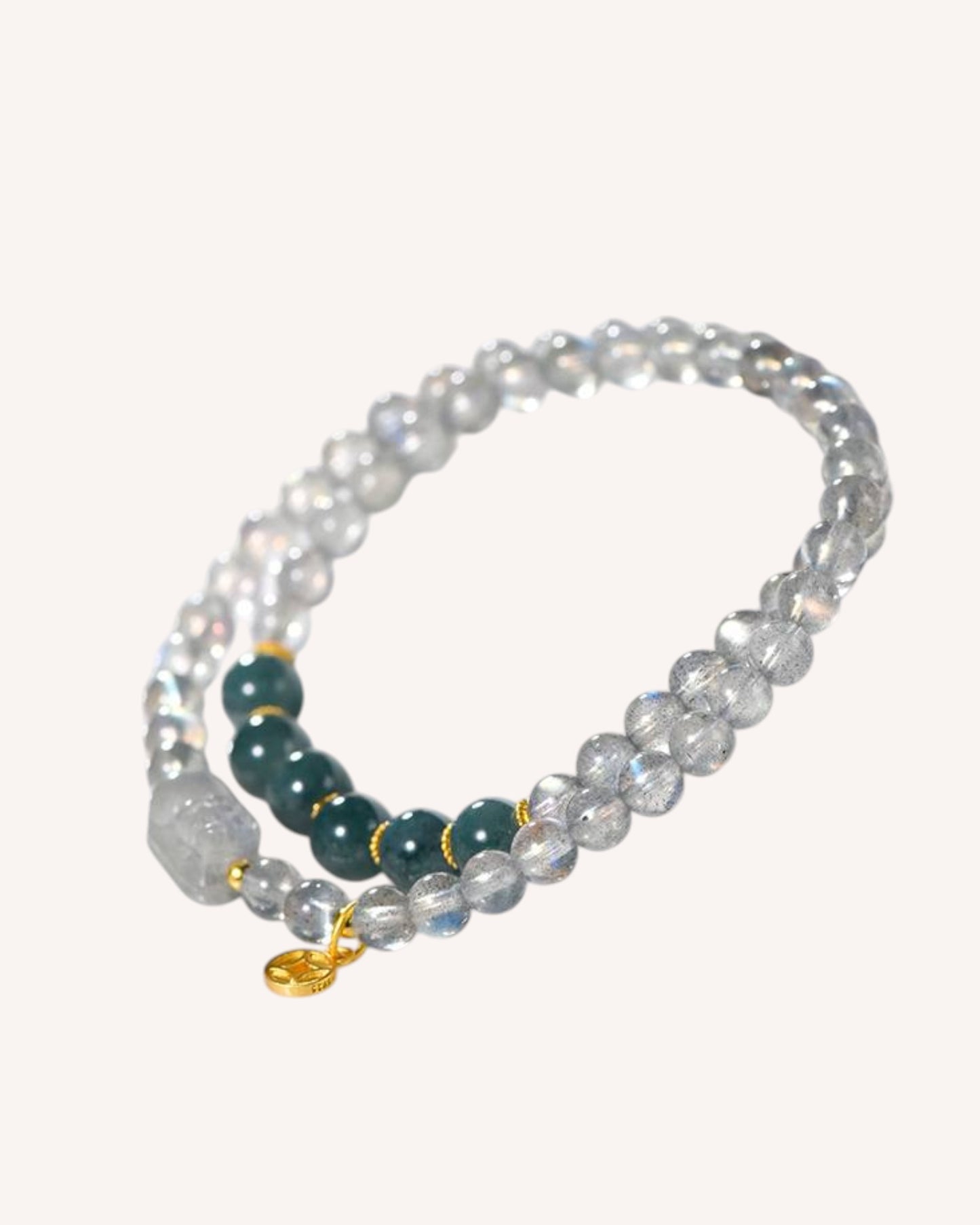 Layered gemstone bracelet with Gray Moonstone and natural Hetian Jade for emotional stability, clarity, and protection
