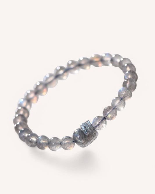 Side view of Grey Moonstone bracelet enhancing intuition, calmness, and spiritual strength
