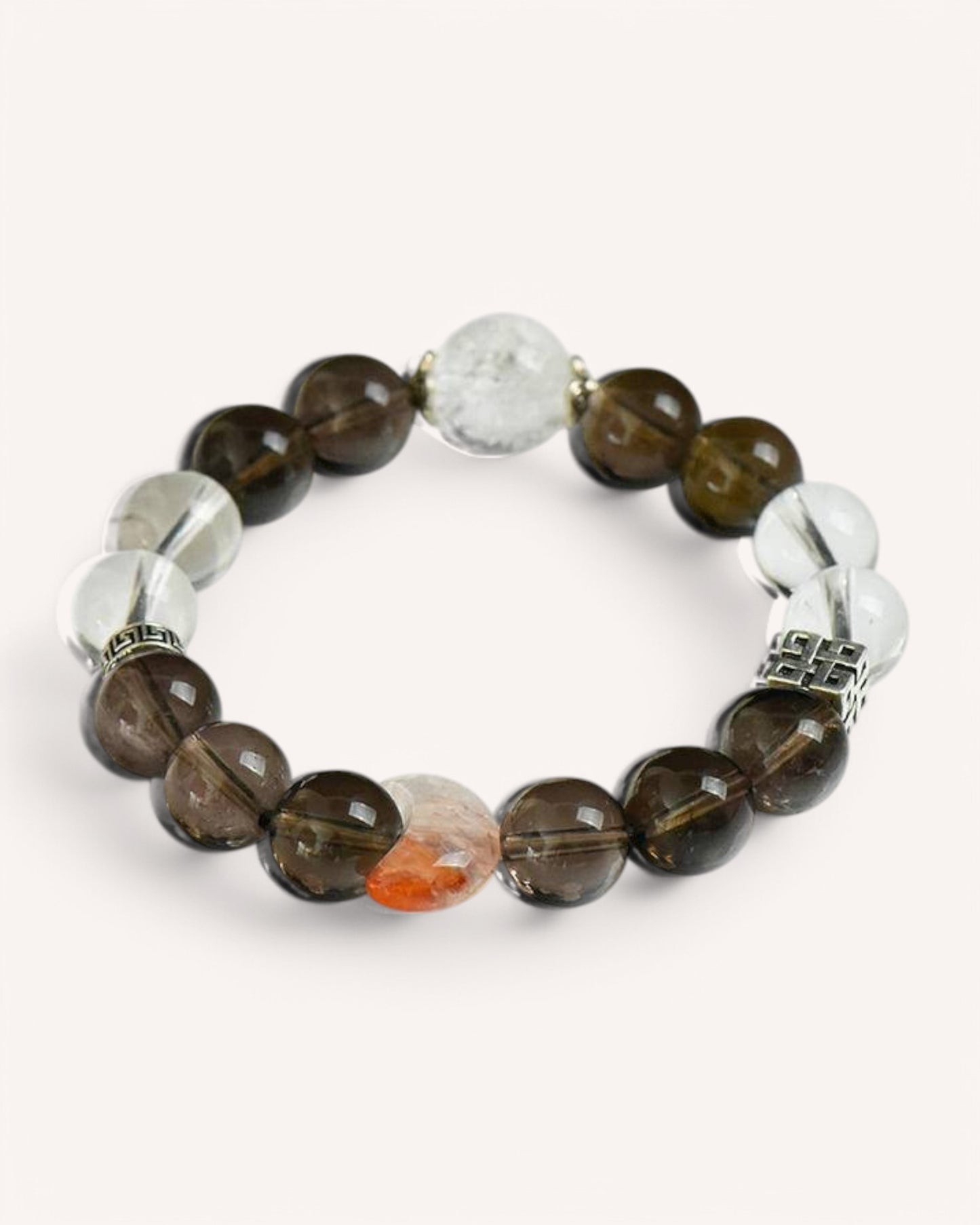 Angled view of Smoky Quartz & Red Hematoid Quartz healing bracelet for strength, clarity, and emotional grounding.