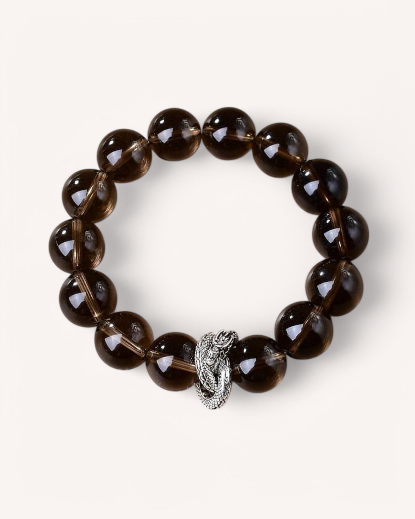 Front view of Guardian Spirit Snake Smoky Quartz Bracelet for protection and transformation, featuring 13mm beads and silver snake charm