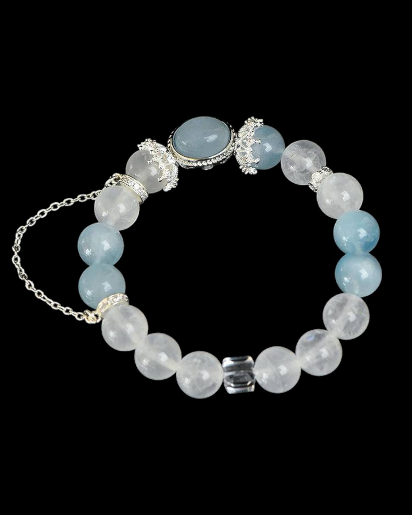 Top view of healing crystal bracelet with Aquamarine, White Phantom, and White Quartz for clarity and peace.