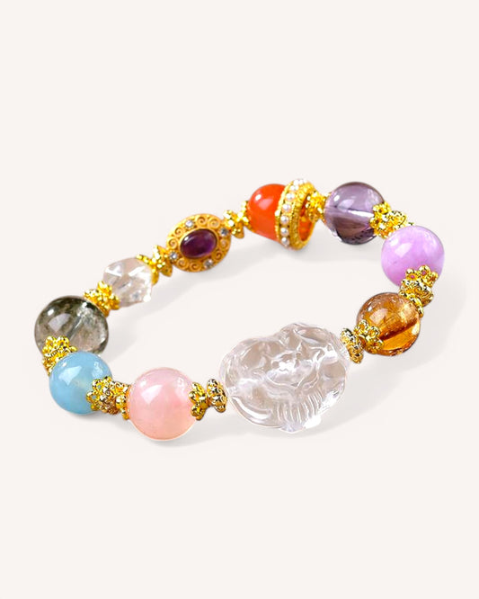 Healing crystal bracelet featuring Amethyst, Red Hematoid Quartz, and Moonstone for energy alignment and intuition