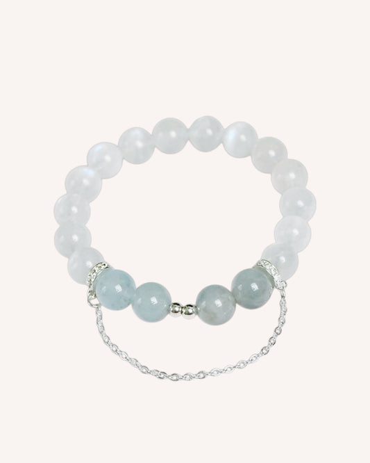 Close-up of Moonstone and Aquamarine bracelet featuring silver chain accent for spiritual clarity.