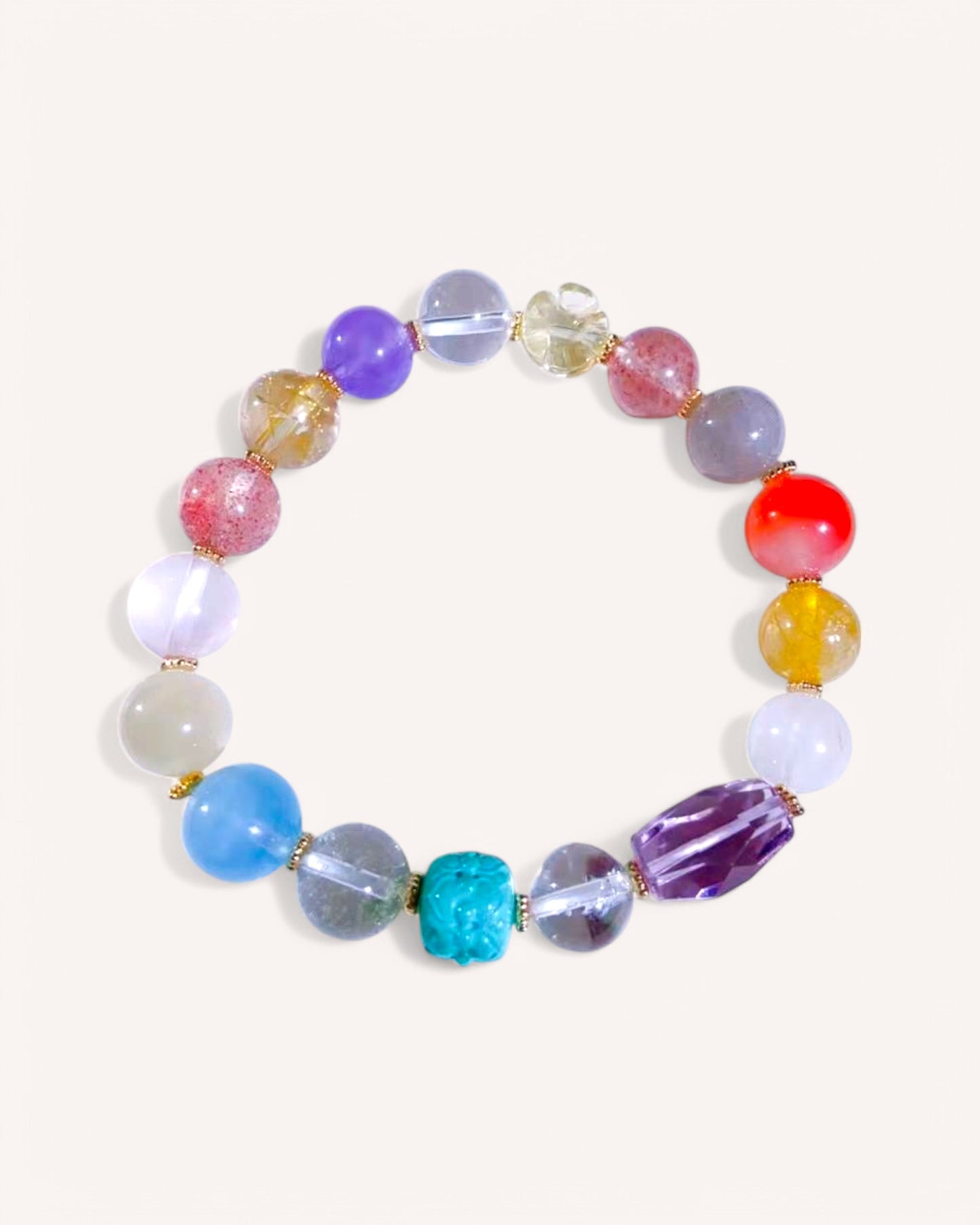 Colorful multi-gemstone crystal bracelet featuring Amethyst, Citrine, and Turquoise for abundance, emotional healing, and spiritual protection
