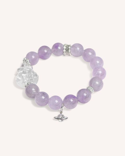 Side angle of the Lavender Amethyst Fox Bracelet, showcasing the delicate blend of lavender amethyst and white quartz, symbolizing transformation, inner peace, and heightened awareness.