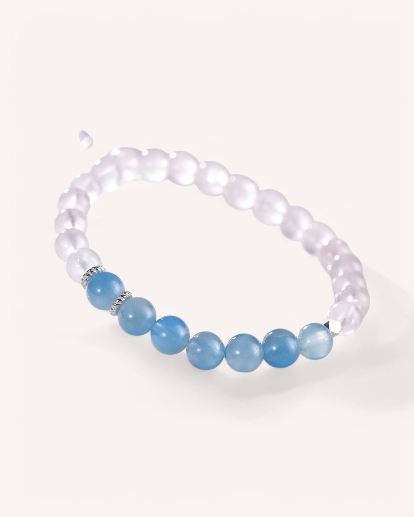 Side angle of calming Rose Quartz and Aquamarine bracelet designed for emotional healing, inner peace and energy balance.