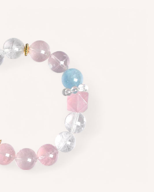 Healing crystal bracelet with Rose Quartz, Aquamarine & White Quartz, designed for self-love, emotional healing & stress relief.
