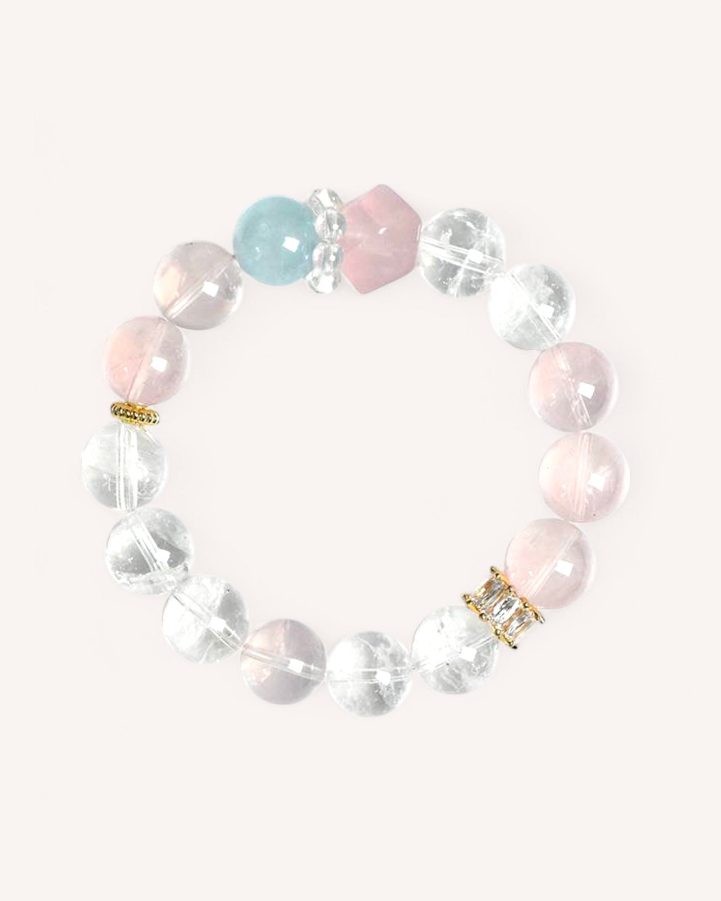 Energy-enhancing Rose Quartz & Aquamarine bracelet with White Quartz, promoting love, inner peace & positivity.