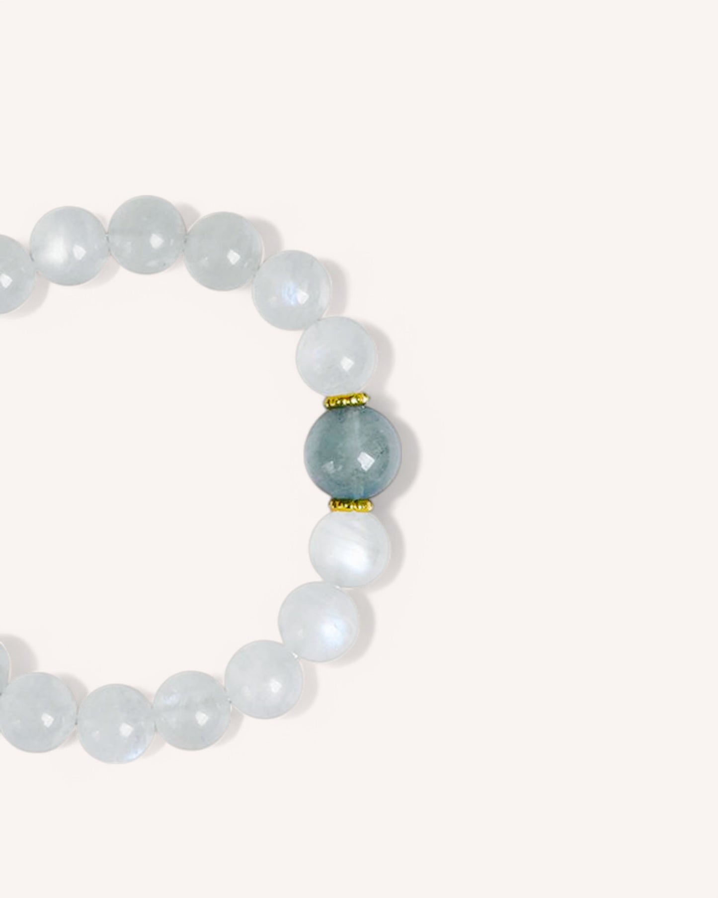 Side view of moonstone and aquamarine bracelet that promotes calmness, inner peace, and spiritual clarity.