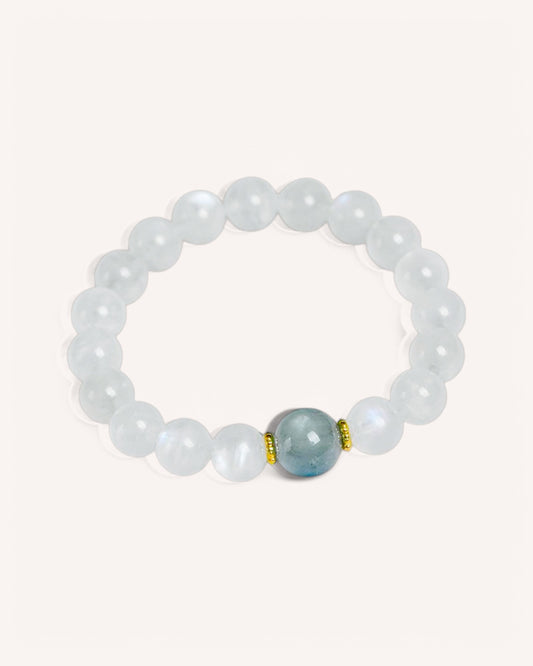 Close-up of moonstone and aquamarine beads symbolizing balance, serenity, and enhanced self-awareness.