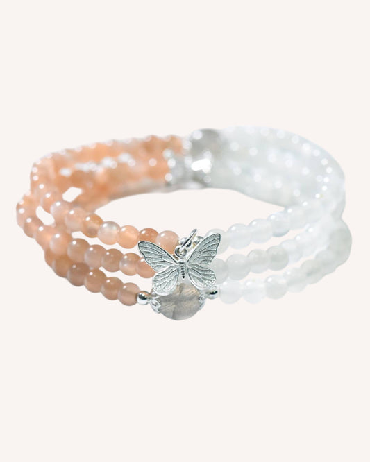 Moonstone multi-strand healing bracelet with butterfly charm for feminine energy, inner peace, and spiritual balance