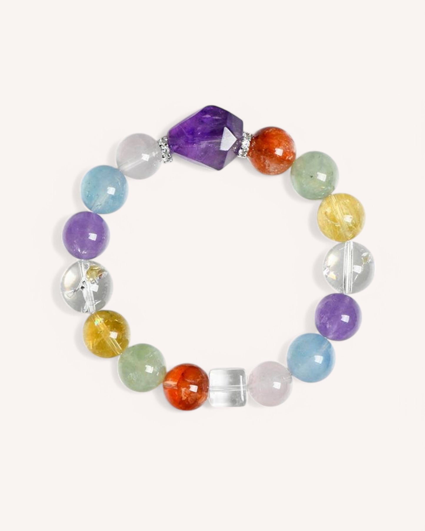 Multi-crystal healing bracelet featuring White Quartz, Citrine, Amethyst and Aquamarine for emotional balance and spiritual clarity.