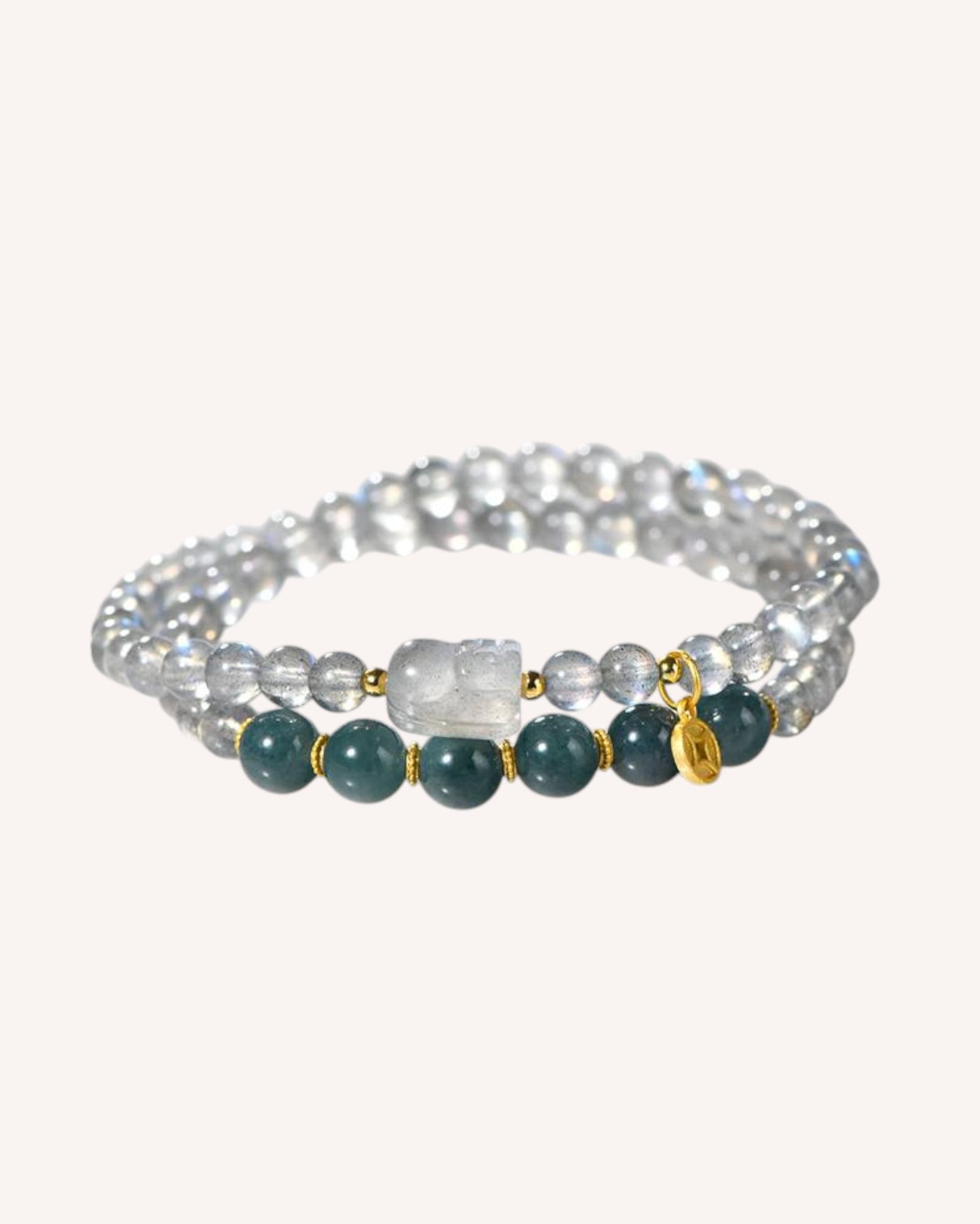 Multi-layer healing bracelet with Hetian Jade, Green Chalcedony, and Gray Moonstone for emotional protection and spiritual balance